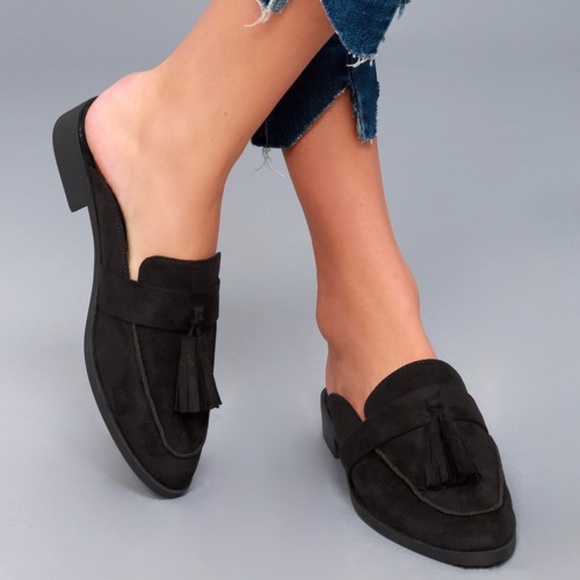 Lulus Shoes - Lulu's Zeva Black Suede Loafer Slides